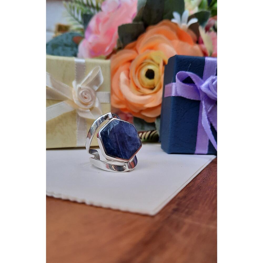 950 Peruvian Solid Silver Flip Ring Blue-Shell Ge… - image 1